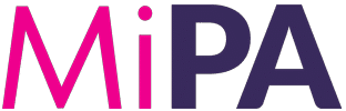Text logo with the word MiPA—Mi in bright pink and PA in dark purple—on a light gray background.