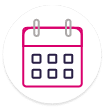 A simple icon of a calendar with a pink outline and two gray rings at the top, featuring six dark square blocks representing days, all on a white circular background.