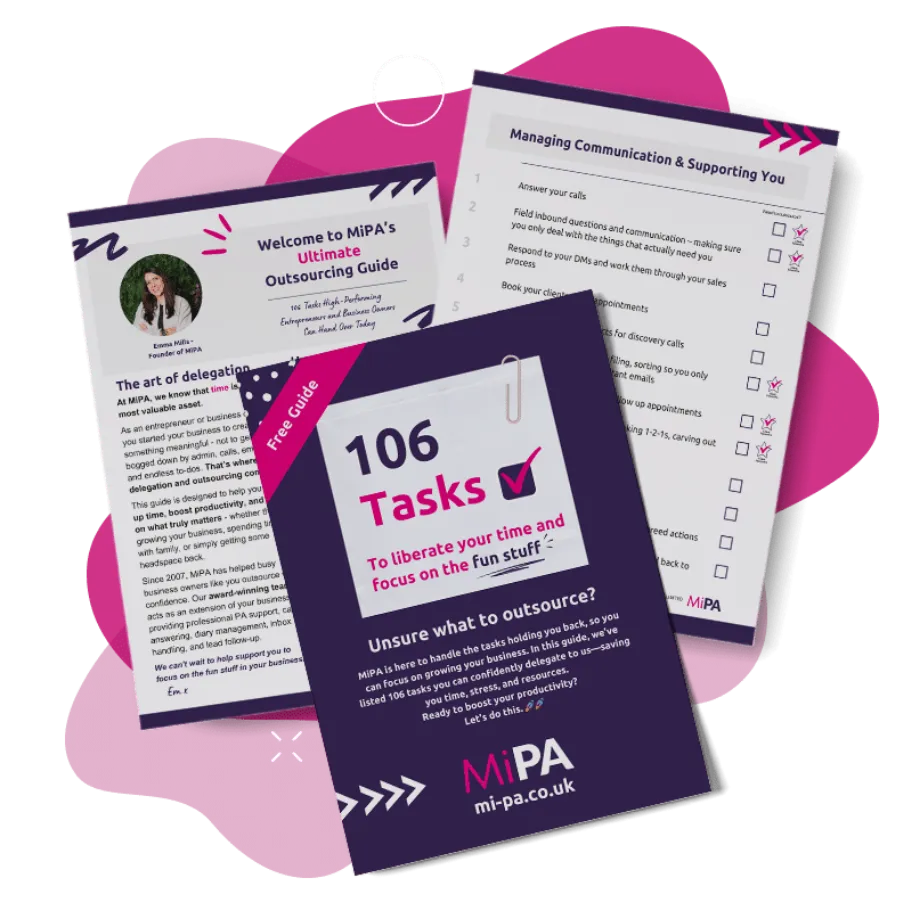 Three overlapping pages from MiPA’s Ultimate Outsourcing Guide. The pages list outsourcing tasks, tips, and checklists. The cover highlights 106 Tasks and the MiPA logo on a purple background with pink accents.