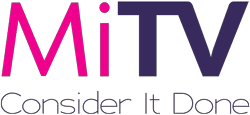 Logo with the text MiTV in bold pink and purple letters, and the slogan Consider It Done written below in a thin, light purple font.