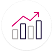 A circular icon showing a bar chart with four vertical bars of varying heights and a pink line graph with an upward arrow, symbolizing growth or increasing trends.